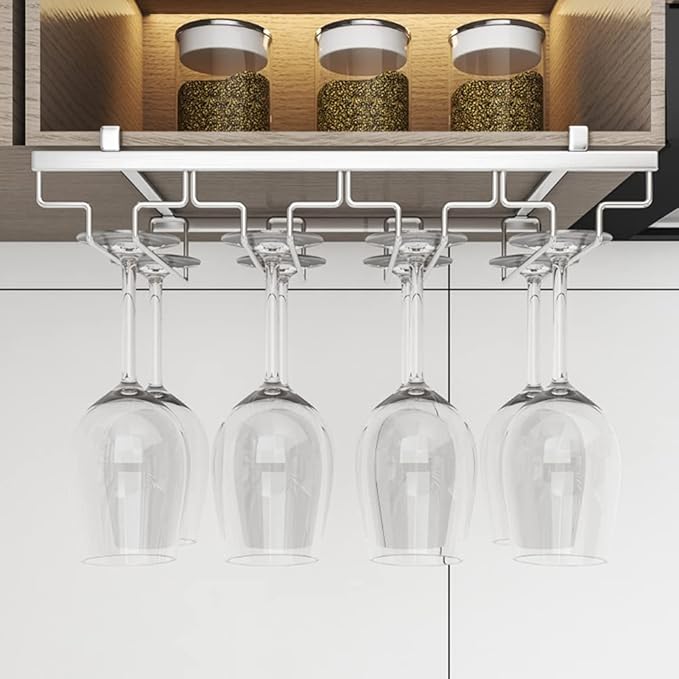 Hanging Wine Glass Rack, Nails-Free Under Cabinet Stemware Rack, Stainless Steel Glasses Storage Hanger for Home Kitchen Bar (4 Slots 8-12 Cups)