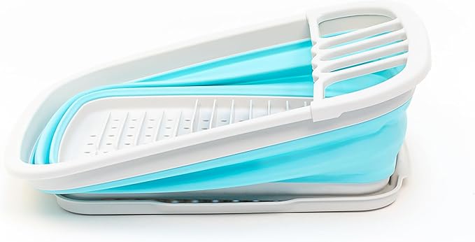 SAMMART 8L (2.11Gallons) Collapsible Plastic Dish Drainer with Drainer Board - Foldable Drying Rack Set - Portable Dinnerware Organizer - Space Saving Kitchen Storage Tray (Grey/Cyanine, 1)