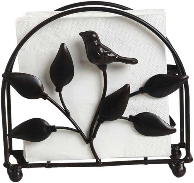 Cast Iron Bird & Tree Classic Napkin Holder/Tabletop Freestanding Tissue Dispenser, Black