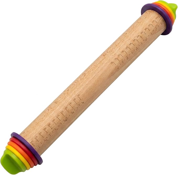 Adjustable Rolling Pin with Thickness Rings, 13.78" Dough Roller with 4 Multicolored Rings,Wooden Rolling Pins for Baking, Bread, Pizza Doughs, Pie Crusts-Home Baking Gift