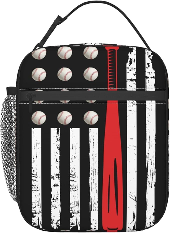 Gianlaima American Usa Flag Baseball Insulated Lunch Box For Women And Man, Portable Lunch Bags Reusable Cooler Tote For Office Work Travel Picnic Camping Beach