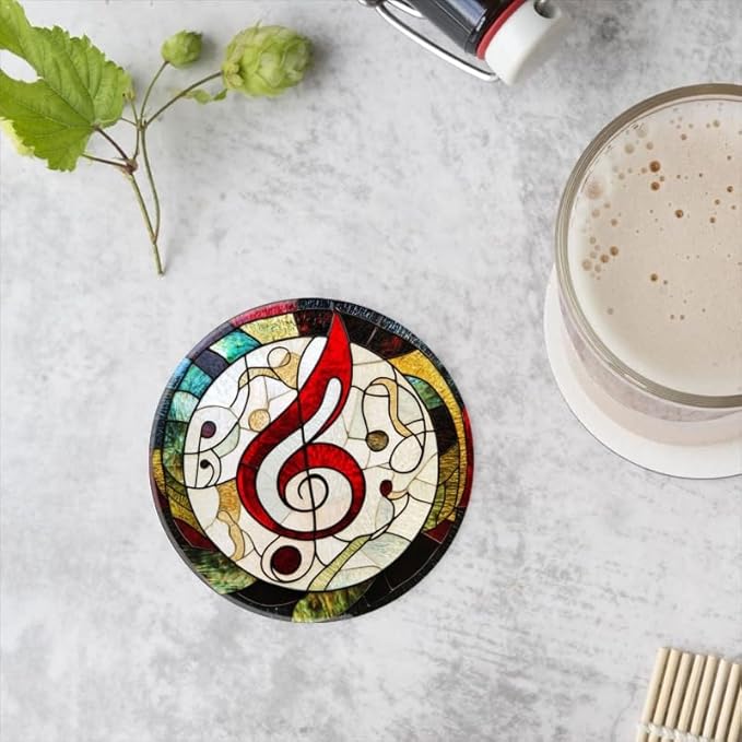 Round Ceramic Stone Cork Drink Coasters, Circular Composition of Musical Notes Absorbent Removable Non-Slip Cup Mat Place for Kitchen Counter Drinks Coffee Cup Tableware Set of 1 (4 * 4 Inch)