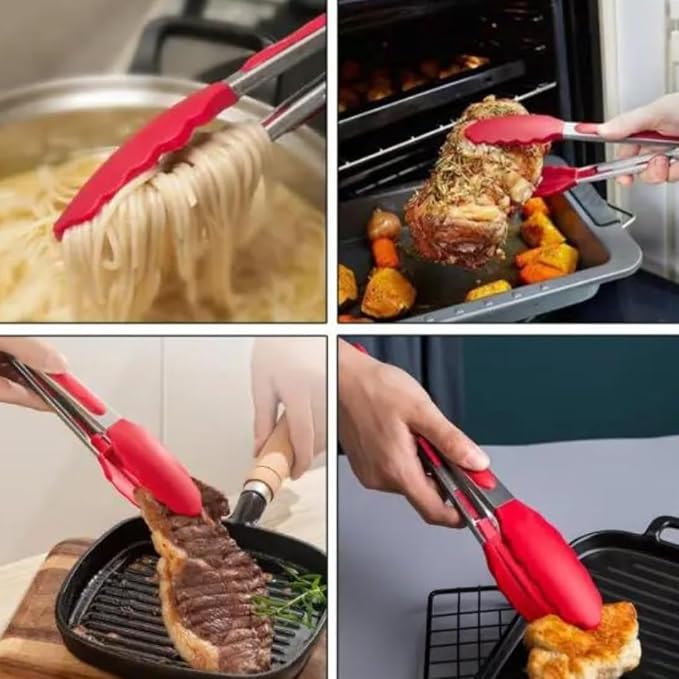 9-Inch Silicone Kitchen Tongs – Heat Resistant Silicone Tips, Stainless Steel Cooking Tongs with Locking Ring – Small Tongs for Cooking, Grilling, BBQ, Serving, Salad & Pasta