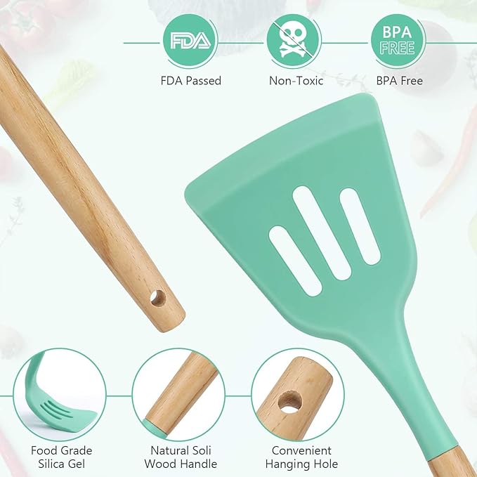 Silicone Kitchen Cooking Utensils Set,12 pcs Non-stick Silicone Kitchen Utensils Set 446°F Heat Resistant, BPA Free, Stirring cooking Set Spatula Turner Spoon Tongs Whisk(Dark Green)