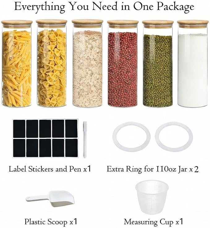 Glass Storage Containers with Airtight Bamboo Lids,Round Glass Jars Pantry Organizers,Perfect for Kitchen Organization - Flour, Rice, Pasta, Sugar, Coffee Beans, Accessories Included (43oz*6)