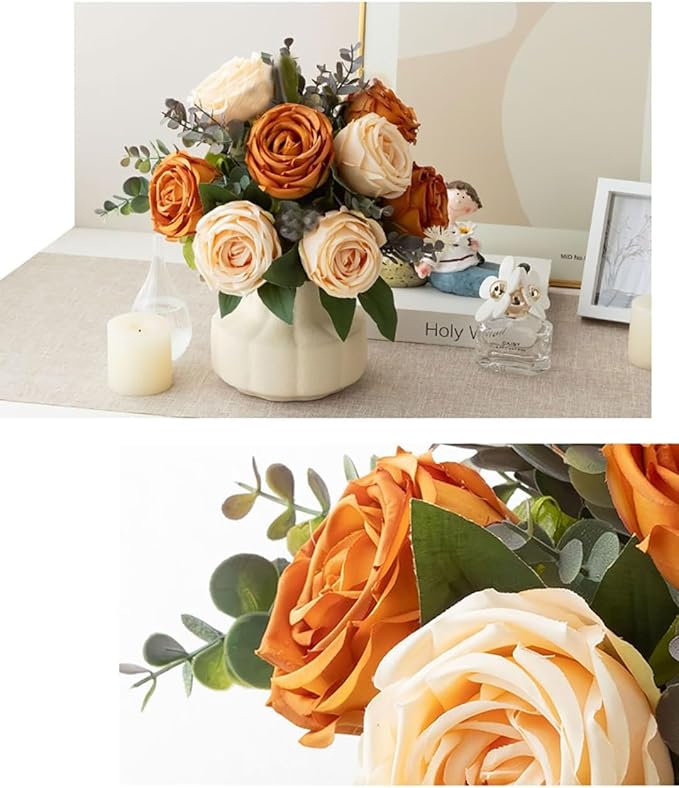 Silk Roses Artificial Flowers in Vase,Fake Flowers with Vase,Faux Flower Arrangement with Vase for Home Office Decoration, Dining Table Centerpiece