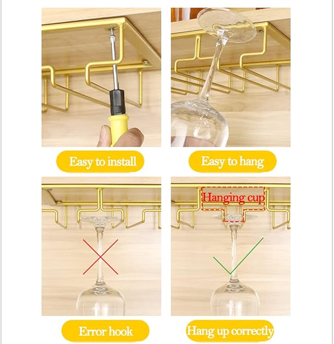 Under Cabinet, Stemware Wine Glasses Storage Hanger Metal Organizer, Hanging Stemware Holder for Bar Kitchen Black (3 Rows)