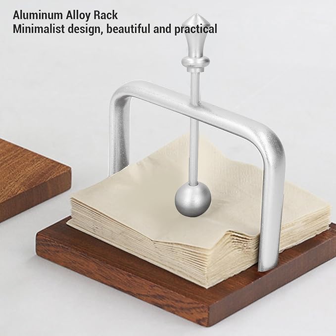 GOWENIC Table Napkin Holder with Lifting Ball, Solid Wood Napkin Rack, Metal Dispenser for Home Restaurant Coffee Shop (Silver)