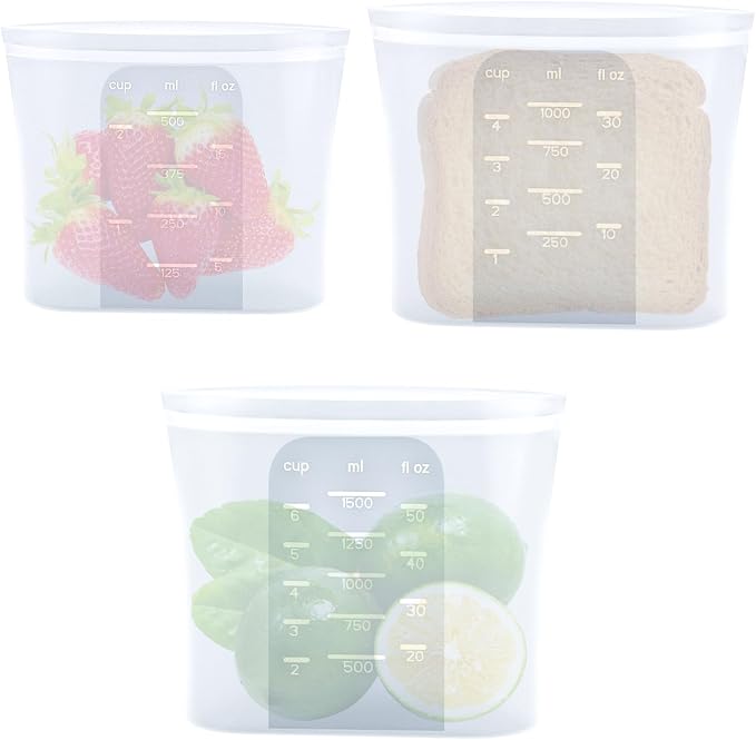 Reusable Silicone Food Storage Bags 3-Pack (17oz, 34oz, 51oz) | Stand Up Leakproof Freezer Bags with Wide Self-Sealing Zipper | Dishwasher, Microwave Safe, BPA Free Eco-Friendly Sous Vide Cooking Bags