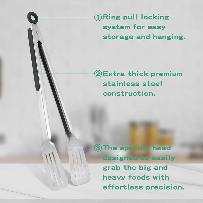 Metal Tongs for Cooking, Set of 2 Stainless Steel Spatula Tongs for Grilling, Cooking and Flipping, Strong Grip for Ribs, Steak and Fish, Comfortable Grip, Easy Pull Lock, 9 inch & 12 inch