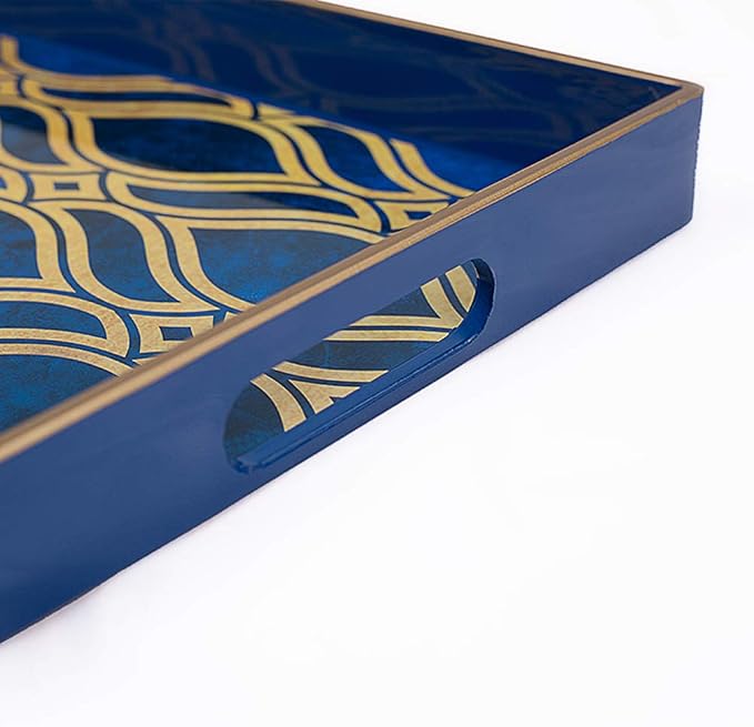 MAONAME Blue Decorative Tray with Handles, Plastic Serving Tray for Coffee Table, Marbling Rectangular Trays for Ottoman, Bathroom, Storage, 15.7" Lx 10.2" W X 1.57" H