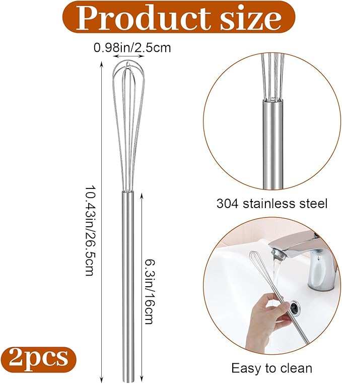 Hecila Mini Whisk Stainless Steel Mixer Compact Small Whisks for Cooking 2PCS 10.4 Inch Long Baking Mixer Skinny Egg Beater Whisks Tiny Wire Whisk Kitchen Stirrer for Whisking Beating Egg Blending