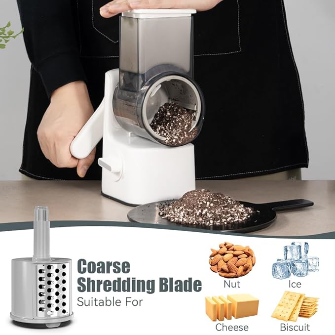 Safe Vegetable Mandoline Slicer Large Multifunctional Rotary Cheese Grater Hand Crank Easy Rotating Veggie Shredder Anti-Cutting, 3 Interchangeable Blades (WhiteGrey)