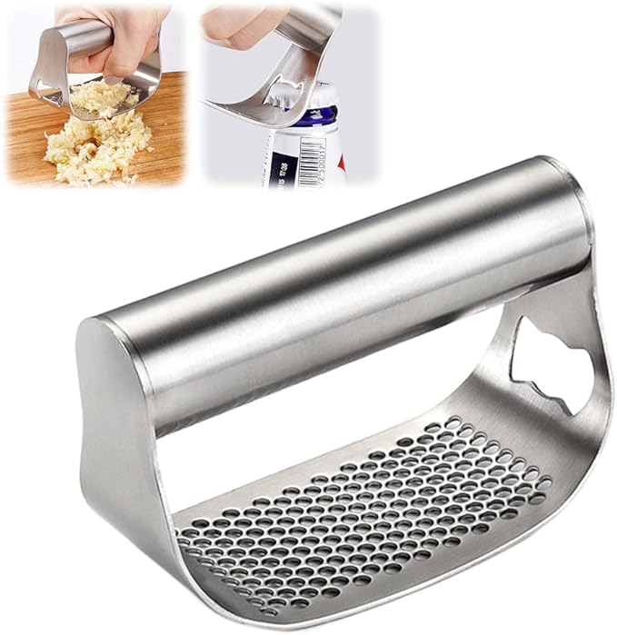 Garlic Press Garlic Presser,2026 Stainless Steel Garlic Presser Bottle Opener Mincer Crusher with Peeler and Cleaning Brush,Multifunctional Kitchen Gadget Garlic Mincer for Woman (A/1Pack)