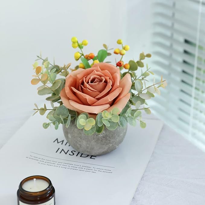 Small Artificial Orange Rose Potted Plant, 6" Fake Silk Flowers in 3.5" Round Pot, Mini Faux Floral Arrangement for Desk Shelf Bathroom Decor