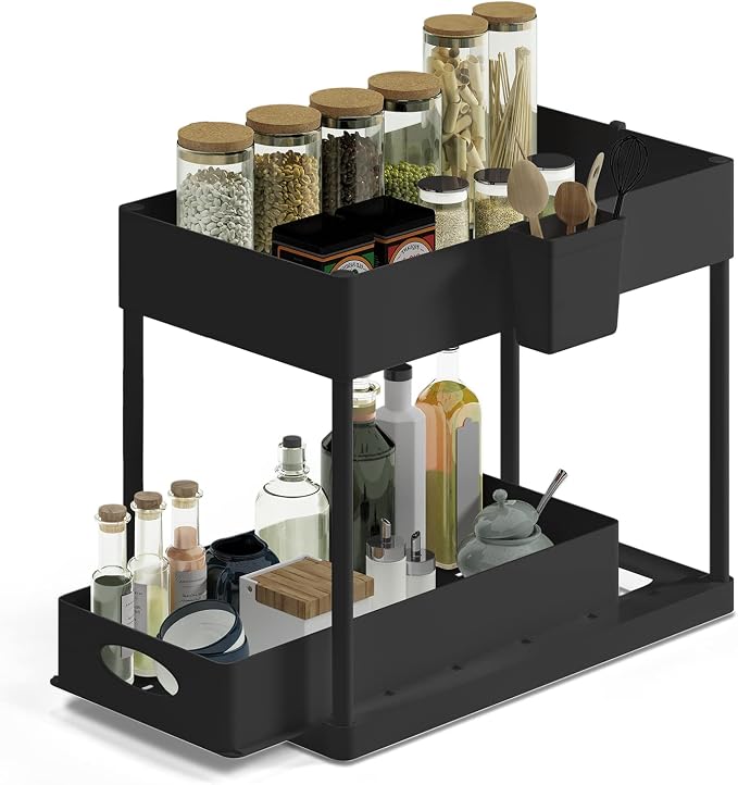 Hearth & Harbor 2-Tier Under Sink Organizer, Black, Plastic, 12" H x 8" W x 15.5" L