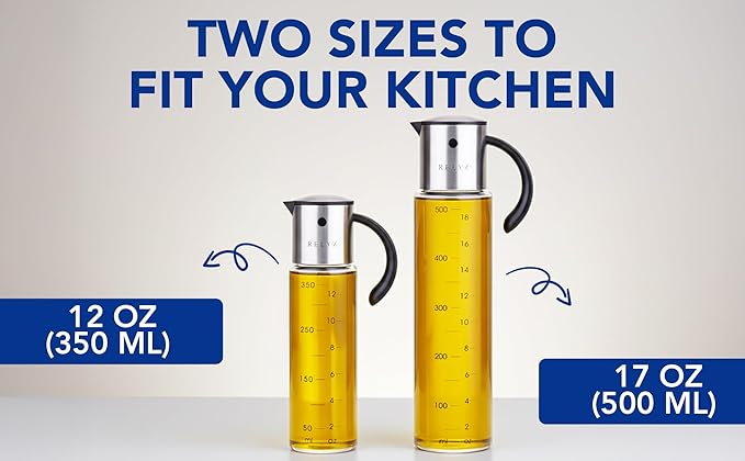 Olive Oil Dispenser Bottle, 12oz Glass Oil Dispenser for Kitchen with Drip-Free Stainless Steel Spout, Leak-Proof, with Measurement Markings for Cooking, Vinegar, & Soy Sauce - Dishwasher Safe