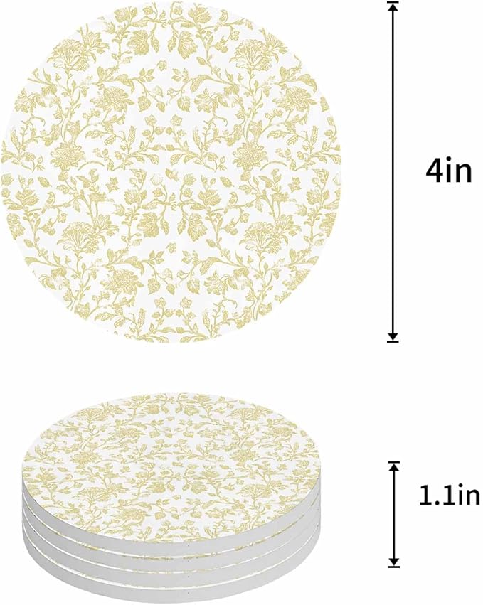 Drink Coasters Yellow Pastoral Flower Absorbent Stone Ceramic Coaster with Cork Back and NO Holder for Cups, Set of 4-Piece Farmhouse Floral Coasters for Drinks