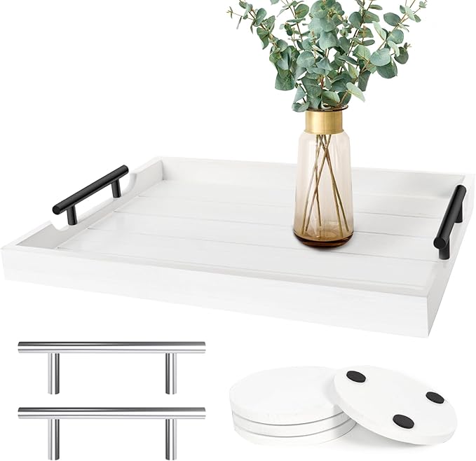 SXNOWS Coffee Table Tray - Large Ottoman Tray for Living Room - Wood Serving Tray with 2 Sets of Handles - Wooden Tray for Coffee Table, 4 Round Coasters Included, White