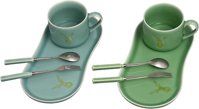 Longquan UNESCO Heritage Celadon Coffee Set Double-Glazed – Handcrafted Song Dynasty, Sky Blue & Plum Green Glaze, 310ml 4-Piece Set with Spoon & Fork, Gift Box (1, BLUE)