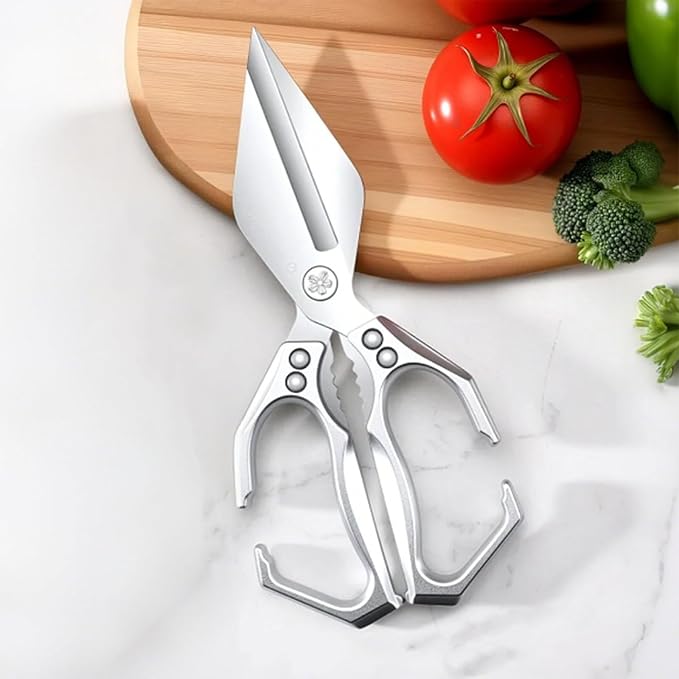 Multifunctional Heavy-Duty Kitchen Shears, New 2 in 1 Stainless Poultry Kitchen Scissors, Japanese High-Carbon Steel Culinary Shears for Chicken, Meat, Seafood, Bone Cutting, Walnuts(Silver) (Silver)