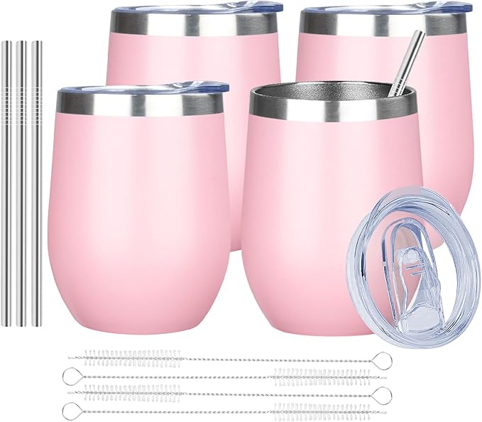 MEZMUT 12 Oz Insulated Wine Tumbler with Lid Double Wall Vacuum Stainless Steel Wine Glass Coffee Mug Insulated Tumbler Cup for Champaign, Cocktail, Beer (Pink, 4 Pack)