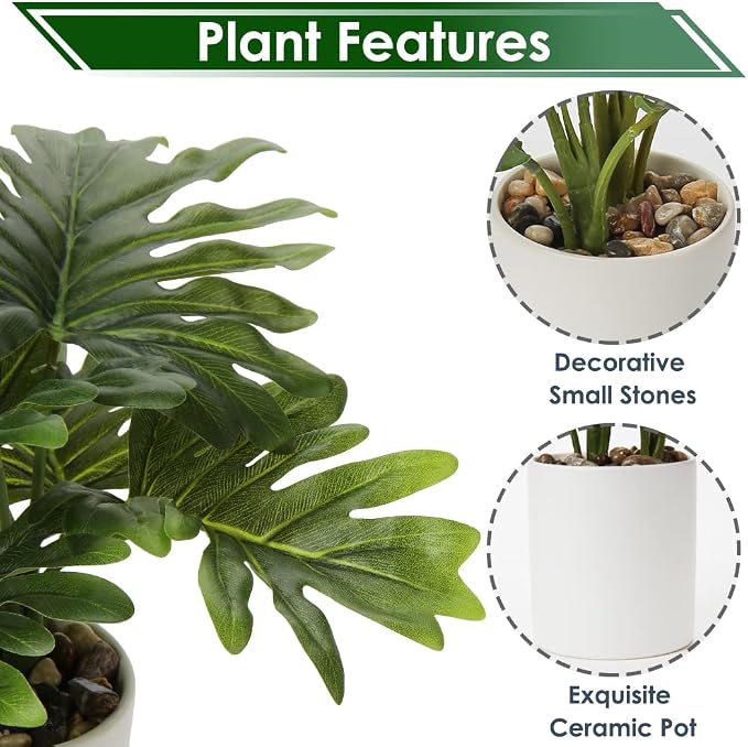 Briful Artificial Monstera Plant 13" Small Fake Plant in Ceramic Pot Potted Faux Plant Indoor for Home Bathroom Living Room Table Office Shelf Desk Decorations