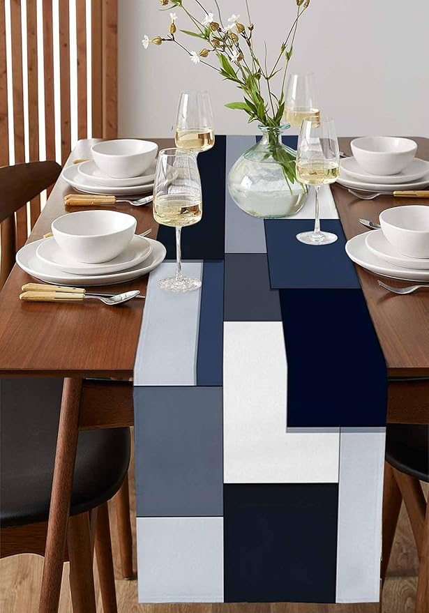 Modern Black White Table Runner 72 Inch Long Dresser Scarves Abstract Grey Blue Cotton Linen Tablerunners Patchwork Geometric Dining Kitchen Burlap Table Setting Decor for Party Holiday Home, 18"x72"