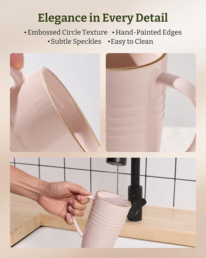 famiware Jupiter Large Coffee Mug, 20oz Coffee Mug with Lid, Ceramic Mugs Set of 2, Cup Set with Handle for Latte, Tea, Cocoa, Milk, Microwave and Dishwasher Safe, Light Pink and Vanilla White