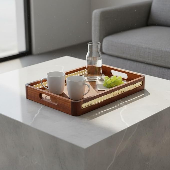 Wooden Tray with Handles Metal Handle Wooden Serving Tray Home, Grid Wooden Handle, Small 30 23 5cm