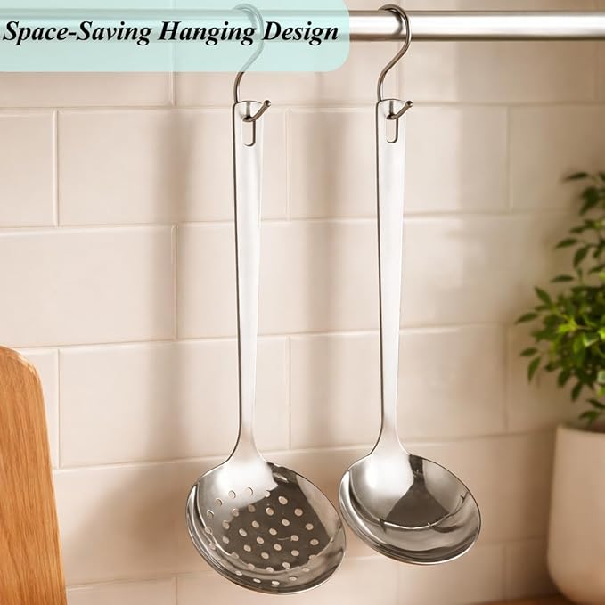 Berglander Slotted Spoons and Kitchen Ladle Spoon Set 2 Pcs, Stainless Steel Kitchen Spider Strainer Skimmer Soup Ladle for Straining Pasta/Cooking/Frying, Serving Soup/Gravy, Metal Kitchen Utensils