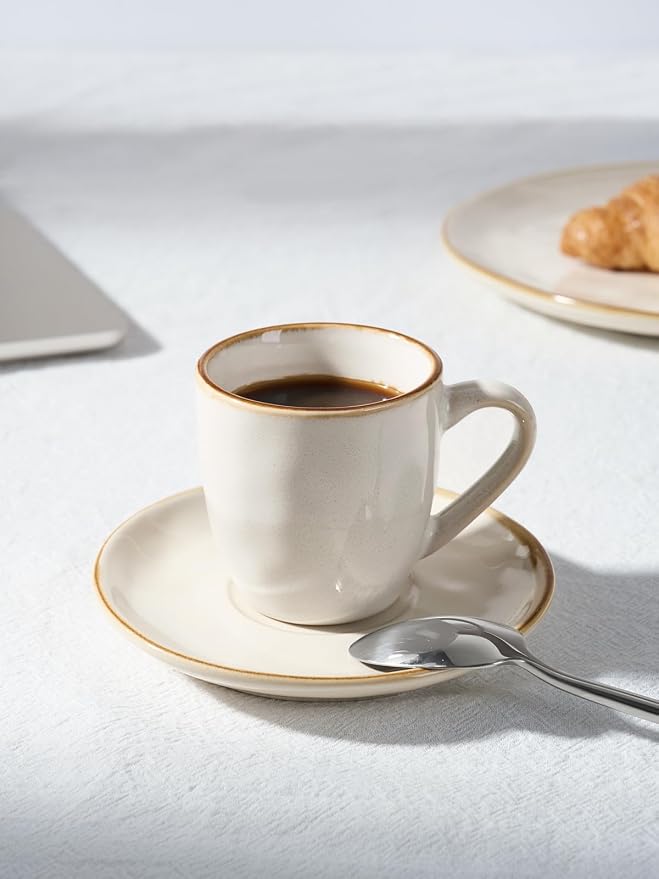 famiware Ocean Espresso Cups with Saucers Set of 4, 3.34oz Espresso Cup Set, Coffee Mug Set for Latte, Macchiato, Stoneware Demitasse Cups Set for Cafe, Microwave&Dishwasher Safe, Cappuccino White