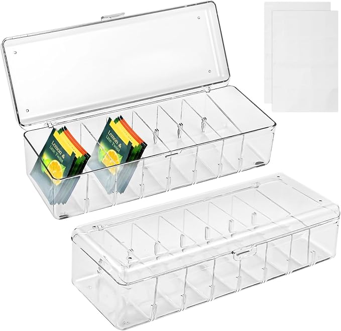 Clear Beverage Bag Storage Bin, Ties Label Stickers, 8-Slot Clear Tea Bag Holder with Lid, 2 Pcs Tea Bag Organizers, Drink Packet Holder, Pantry Divider Container for Kitchen Office