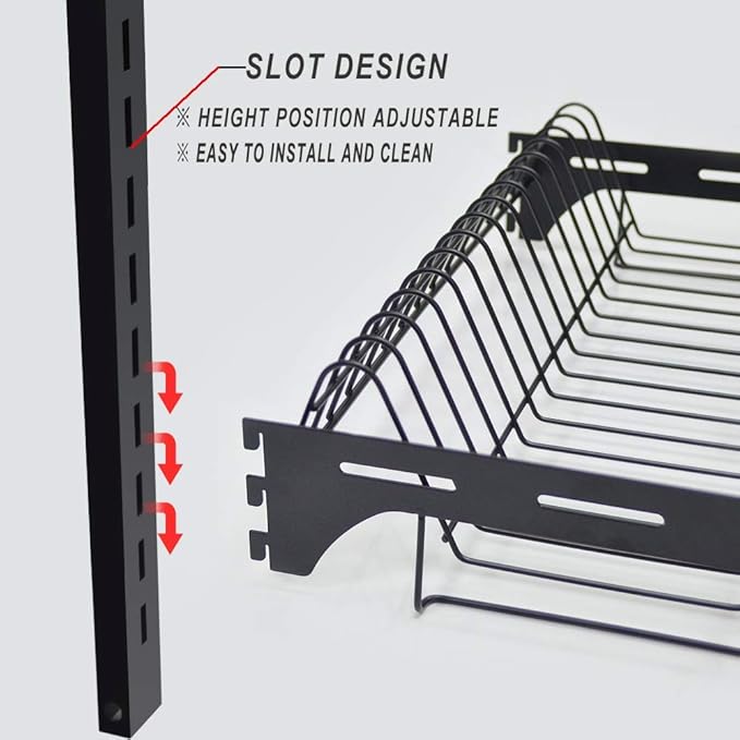 junyuan Kitchen Dish Rack,Hanging Dish Drying Rack Organizer Storage Shelf Over Sink,2 Tier Wall Mount Bowl Holder with Drain Tray and Silverware Stainless Steel Black Coating Ajustable Height