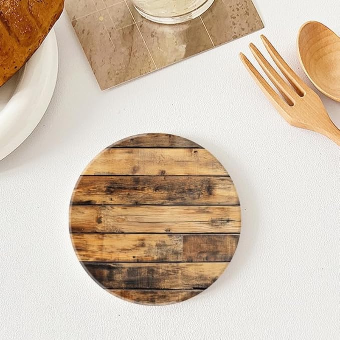 Ceramic Drink Coasters Absorbent Set of 1, Wooden Wall with Brown Stain Pattern Round Anti Slip Modern Cup Coasters for Desk Kitchen Office Housewarming Hostess Gifts (4 * 4 Inch)