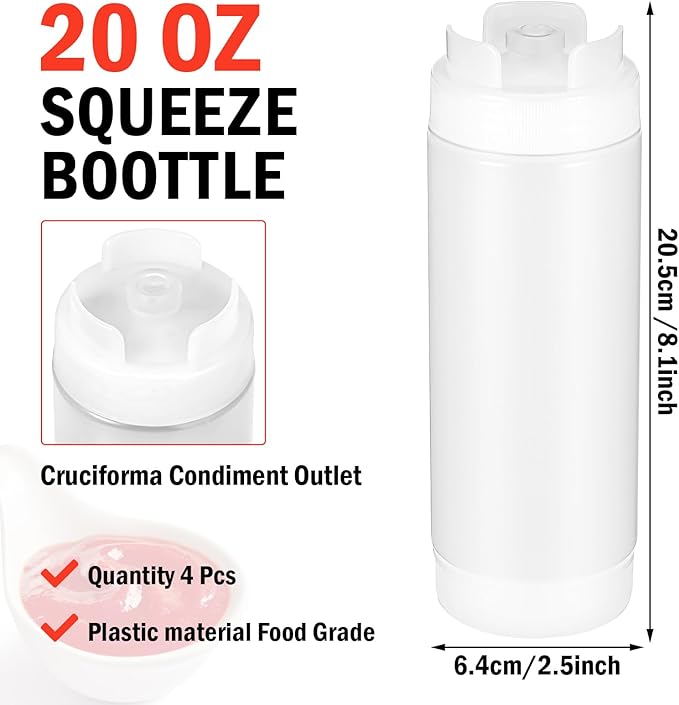 Lemecima 4 Pcs Squeeze Bottles Refillable 20 oz, Inverted Plastic Tip Large Valve Dispenser Condiment Squeeze Bottle for Sauces Ketchup Sour Cream Self Sealing Syrup Dispenser for Restaurants