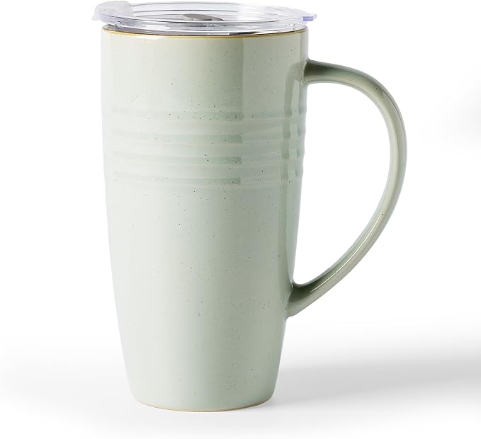 famiware Jupiter Large Coffee Mug, 20oz Coffee Mug with Lid, Ceramic Cup with Handle for Latte, Tea, Cocoa, Milk, Home & Office, Microwave and Dishwasher Safe, Light Green