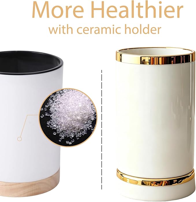 Utensil Drying Holder for Kitchen Countertop, 6in Ceramic Small Silverware Cutlery Set Crock Caddy, Self Draining Tea Coffee Spoon Fork Flatware Stirrers Jar for Stir Stick Straw
