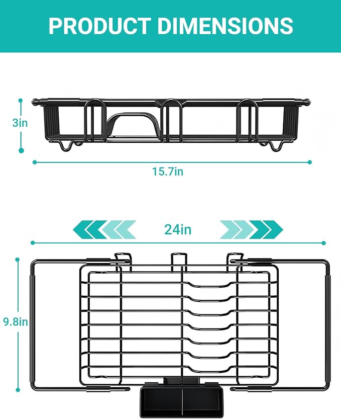 Sylfaen Expandable Over The Sink Dish Drying Rack, Stainless Steel Dish Rack in Sink, Kitchen Sink Drain Strainer with Utensil Holder & Cup Holders, Counter Space Saving & No Assembly Needed, Black