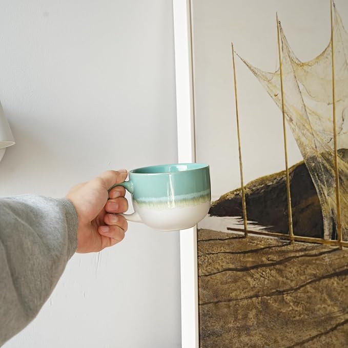 Bosmarlin Ceramic Coffee Mug Set of 4, 16 Oz, Jumbo Latte Mugs, Dishwasher and Microwave, Unique Reactive Glaze (Mint Green, 16 Oz)