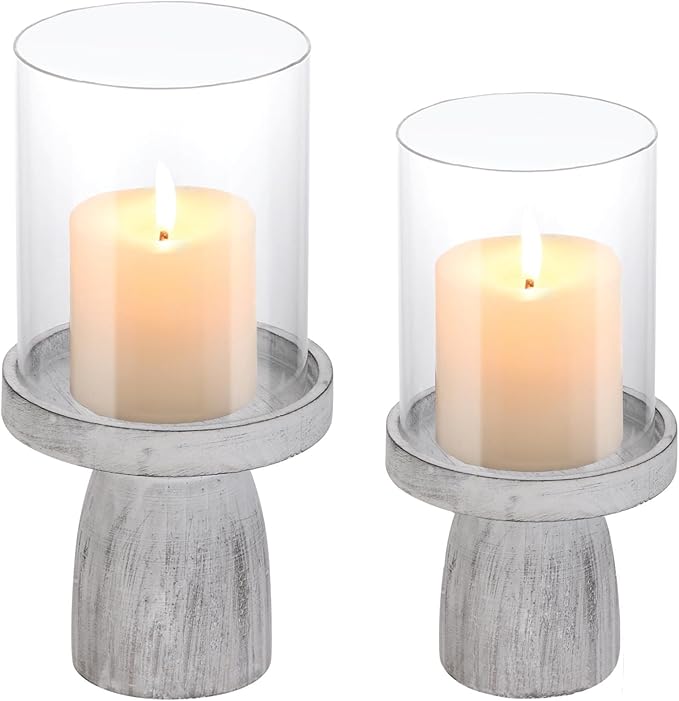 4" & 5" Glass Hurricane Candle Holders with Distressed White Solid Wooden Base in Set of 2, Decorative Centerpiece for Home, Coffee Table, Fireplace Mantel, Wedding, Modern Farmhouse Style