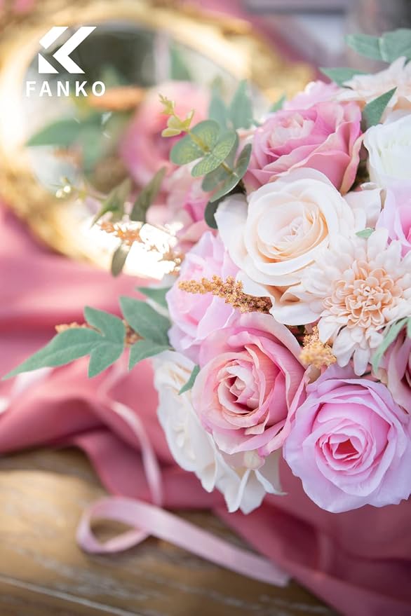 FANKO Artificial Flowers for DIY, Pink Blush Ivory Pale Peach Faux Flowers Bouquet, Fake Flowers with Roses Daisy Silk Flowers for Vase, Home Decor, Wedding Centerpiece, Floral Arrangement Décor