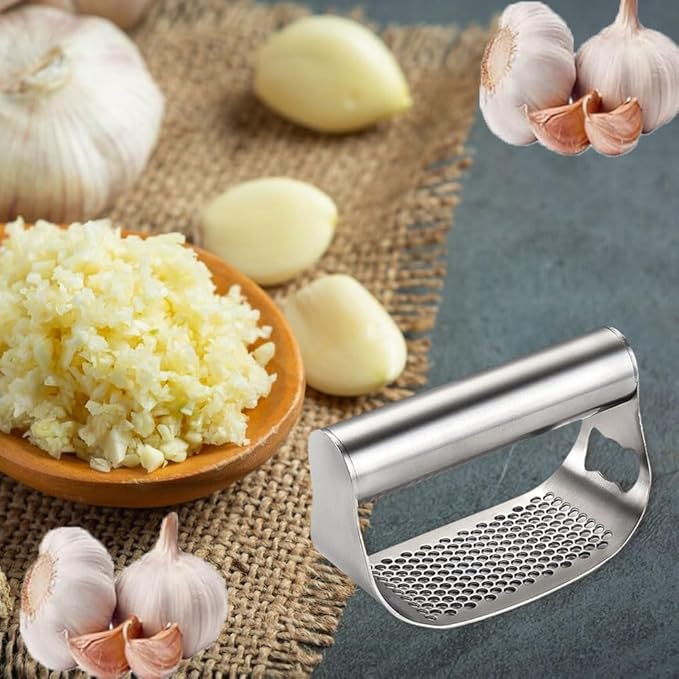 Garlic Presses,Stainless Steel Garlic Presser, Garlic Press Rocker Heavy Duty Stainless Steel Garlic Mincer, Garlic Chopper with Peeler And Cleaning Brush for Smash Garlic Kitchen Tools(1Set)