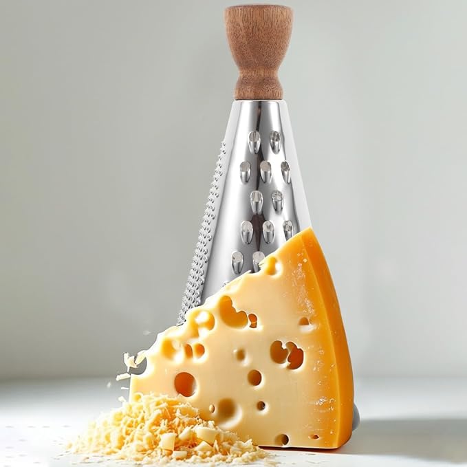 Cabilock 9.44 Inch Stainless Steel Cheese Grater with Wooden Handle Multifunctional Cone-Shaped Hand Grater for Cheese Vegetables and Fruit in Home Kitchen