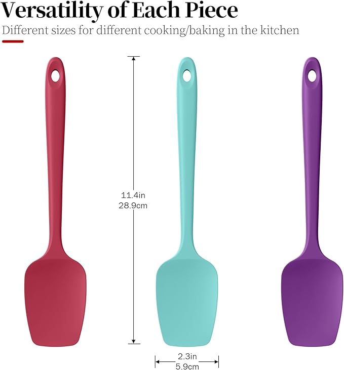 Silicone Spoon Spatulas Set, 600ºF Heat-Resistant BPA-Free Non-Stick Rubber Spoonulas Kitchen Baking Cooking Spoons Versatile for Scooping, Mixing, Stirring, Serving (Set of 3, Multi-3)