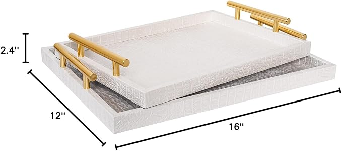 Set of 2 Modern Elegant Large Wood Serving Tray, Rectangle Decorative Tray Ottoman Tay Coffee Table Tray, Pearl White Crocodile Leather with Gold Polished Metal Handles