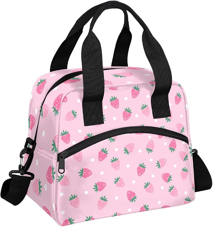 Strawberry Dots Pattern Insulated Lunch Bag for Women Men Reusable Lunch Box Cooler Bag Large Leakproof Lunch Tote with Adjustable Shoulder Strap for Adult Work Picnic Camping Beach Office