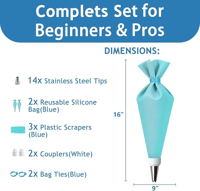 Piping Bags and Tips Set, Cake Decorating Supplies Kit, Frosting Piping Kit, Reusable Pastry Bags and Tips with 16 Inch Piping Bags, Silicone Rings, Couplers, Scrapers, Baking Tools for Cookie Icing
