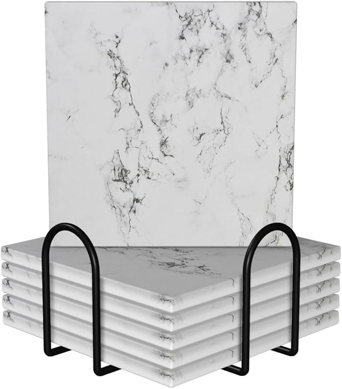 Marble White Square Ceramic Coasters Set of 6 Pack, Rustic/Retro White Ink Granite Marble Texture Stone Drink Coaster with Cup Holder Anti-Scratc Cork Backing Bar Kitchen Home Housewarming Gift