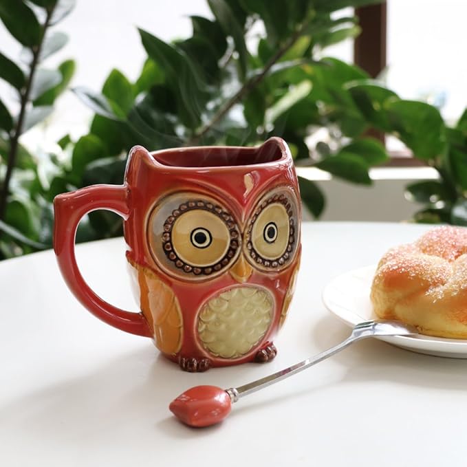 SQOWL 3D Coffee Mug Funny Cute Owl Ceramic Cup Coffee Mug with spoon Tea Mugs Set for Women and girls 12 oz Red